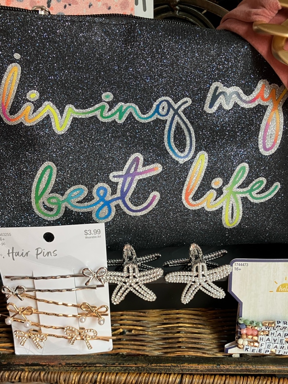 Glitter Black 'Living My Best Life' Cosmetic Pouch w/FREE- hair accessories&MORE